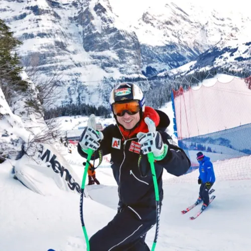 Hannes Reichelt celebrating in the finish area